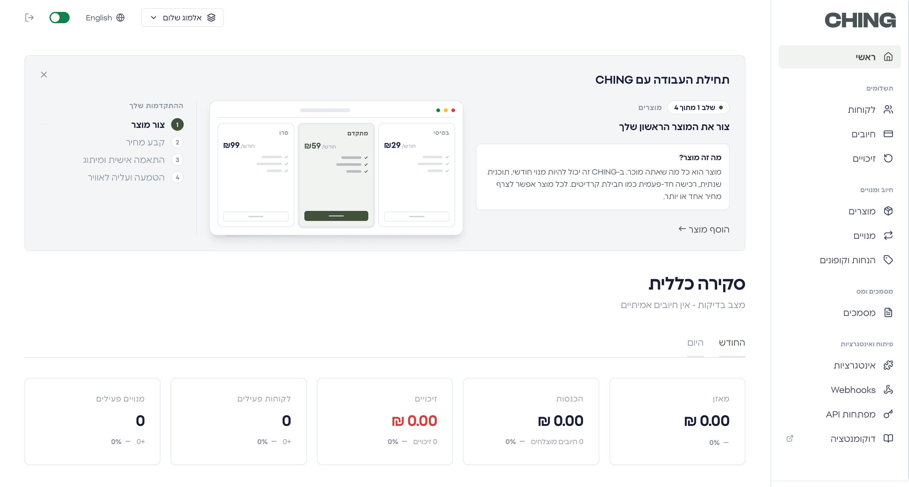 The CHING dashboard, with onboarding and the monthly overview